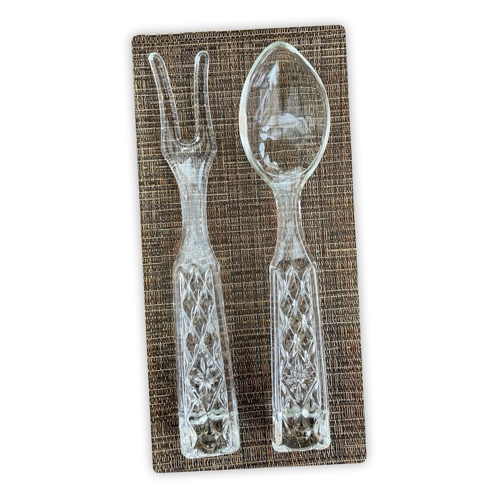 Vtg‎ Anchor Hocking WEXFORD Fork and Spoon Glass Salad Utensil Serving Set